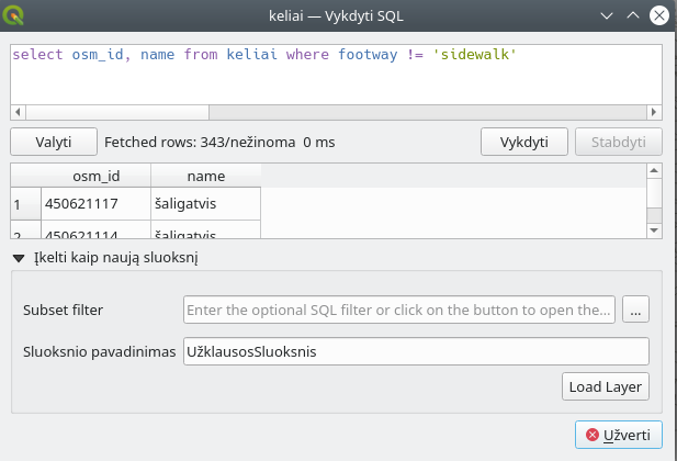 Sluoksnio sukūrimas su SQL