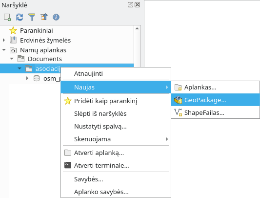 Naujo geopackage sukūrimo meniu